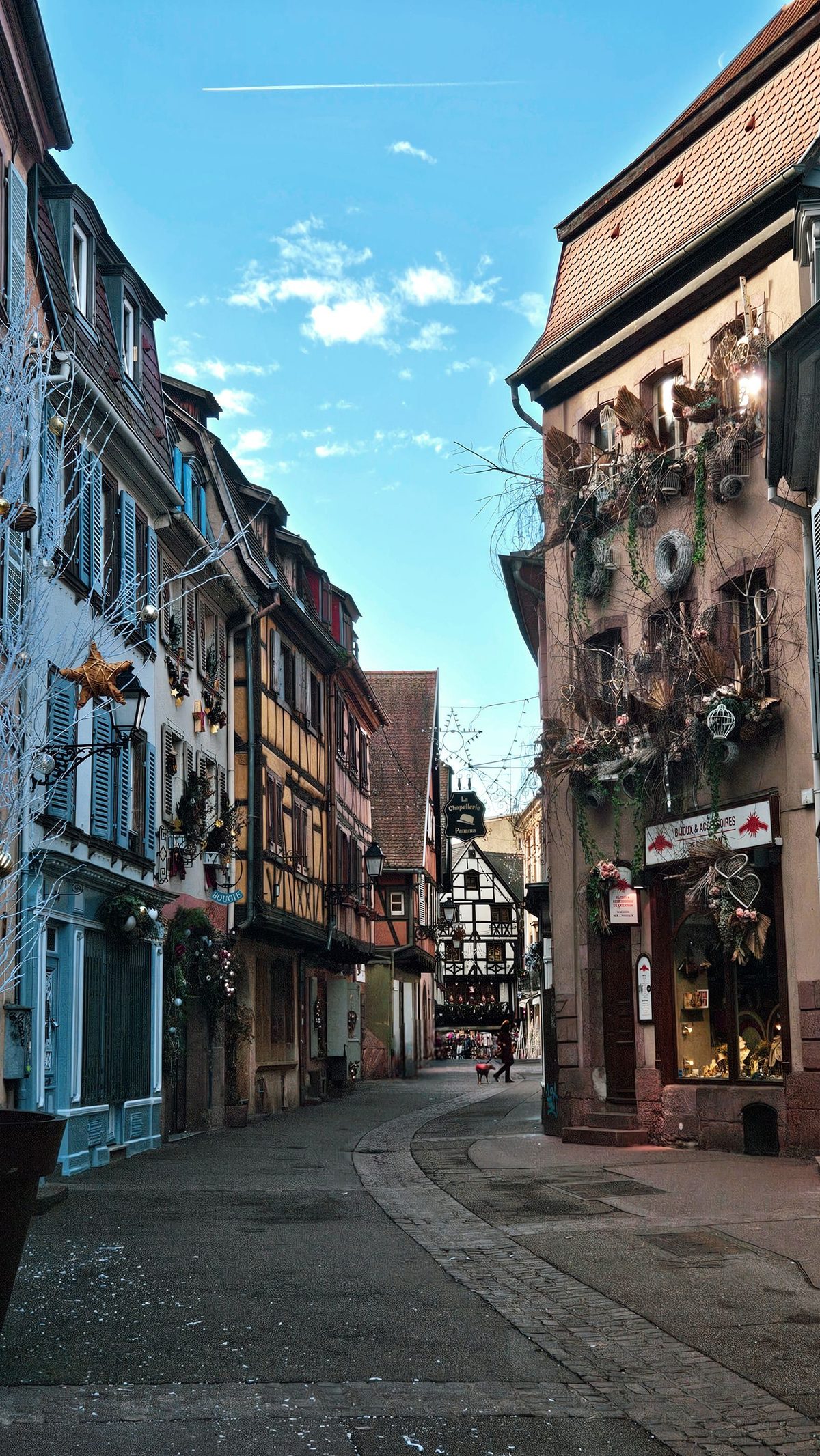 A colorful street of half-timbered buildings in Colmar, France, in daylight