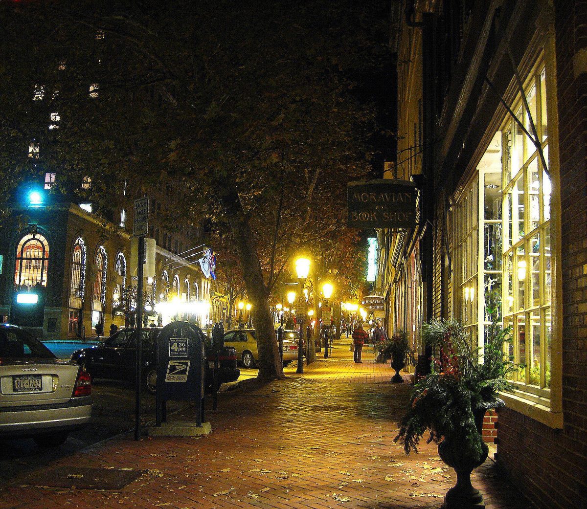Main Street in Bethlehem, Pennsylvania, lit up at night at Christmas