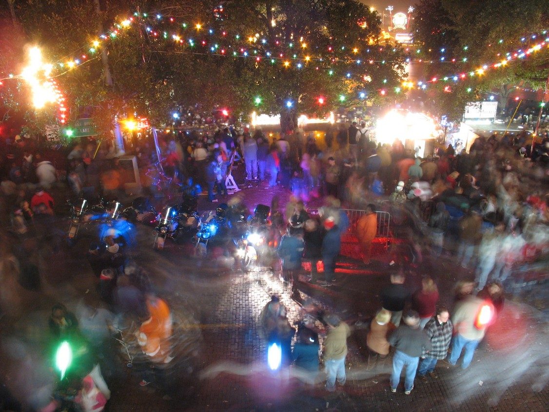 Crowds beneath strings of Christmas lights at the Natchitoches Festival of Lights in Louisiana